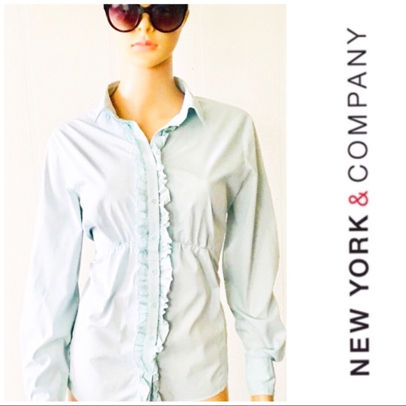 💙 New York & Company Ruffle Front Blue Shirt L - Picture 4 of 7